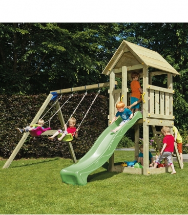 Aire de jeux en bois avec tour Kiosk, toboggan de 2m30 et module pour accrocher 2 balançoires