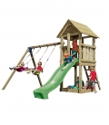 Aire de jeux en bois avec tour Kiosk, toboggan de 2m30 et module pour accrocher 2 balançoires