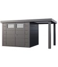 Abri de jardin en acier Eleganto 2724 de 6,4 m² avec auvent ouvert