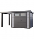 Abri de jardin en acier Eleganto 2724 de 6,4 m² avec auvent ouvert