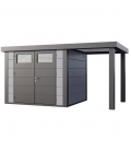 Abri de jardin en acier Eleganto 2724 de 6,4 m² avec auvent ouvert