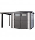Abri de jardin en acier Eleganto 2724 de 6,4 m² avec auvent ouvert