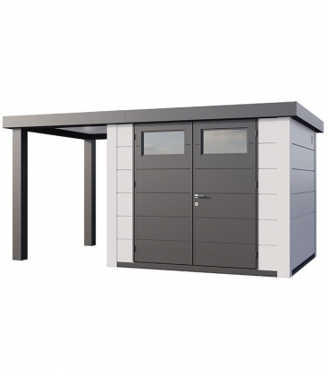 Abri de jardin en acier Eleganto 2724 de 6,4 m² avec auvent ouvert