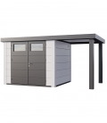 Abri de jardin en acier Eleganto 2724 de 6,4 m² avec auvent ouvert