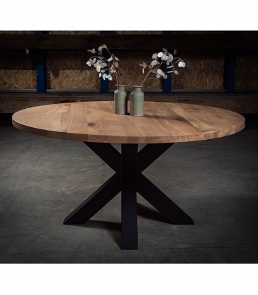 Table à manger en bois ronde avec pied noir en acier