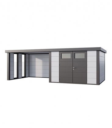 Abri de jardin en acier Eleganto 3030 de 8,9 m² avec auvent large fermé et fenêtres