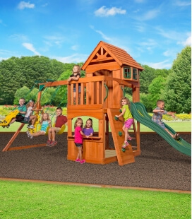 Aire de jeux enfant Atlantic en bois exotique non traité ensemble complet balacoire, chateau et mur d'escalade backyard garden